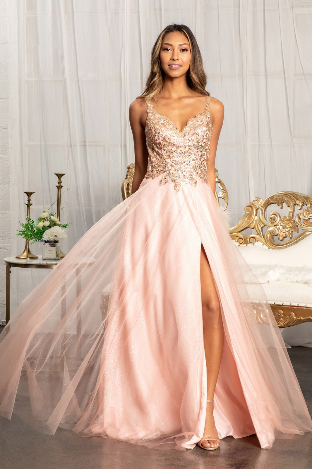 Sequin Embellished Bodice V Neck A Line Prom Dress W Leg Slit