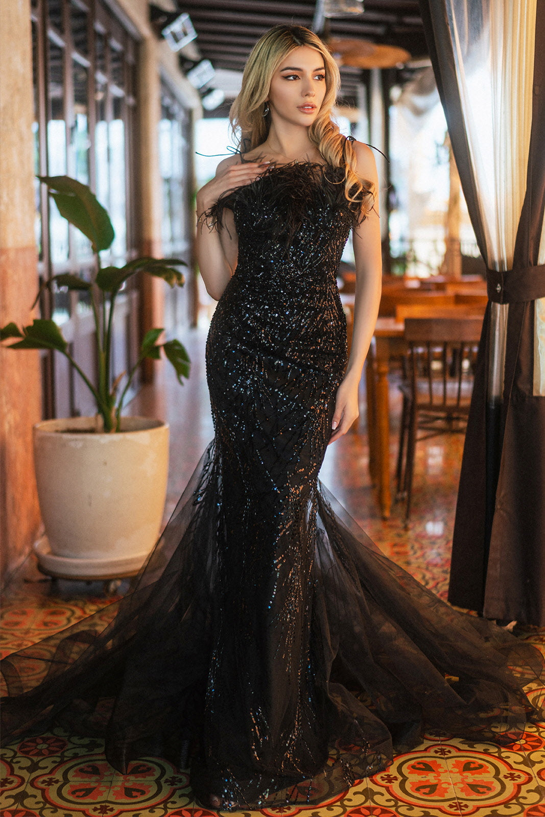 Sequin Sweetheart Mesh Trumpet Dress W Feather Embellishment