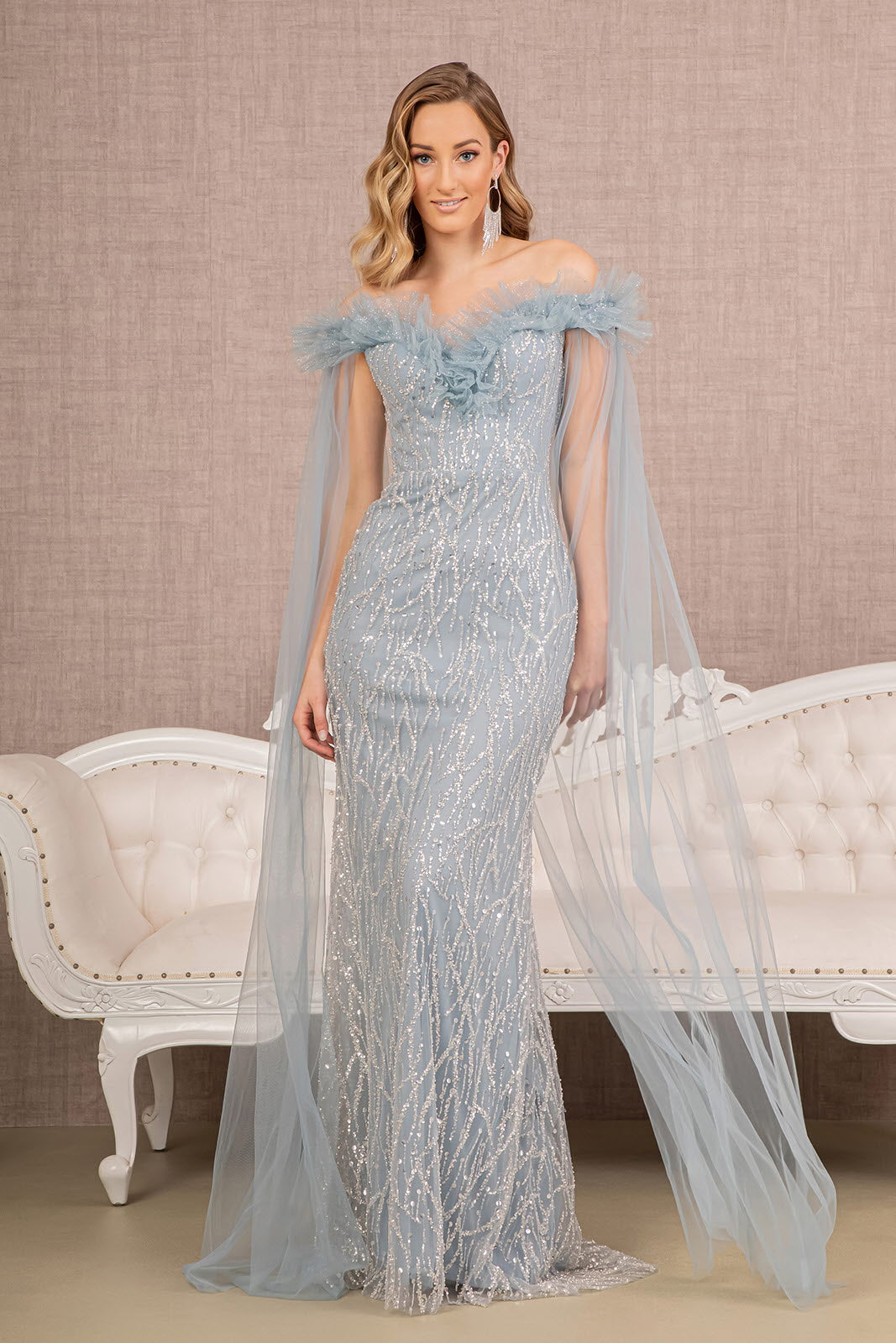 Sequin Bead Strapless Mesh Mermaid Dress W Side Long Mesh Layer