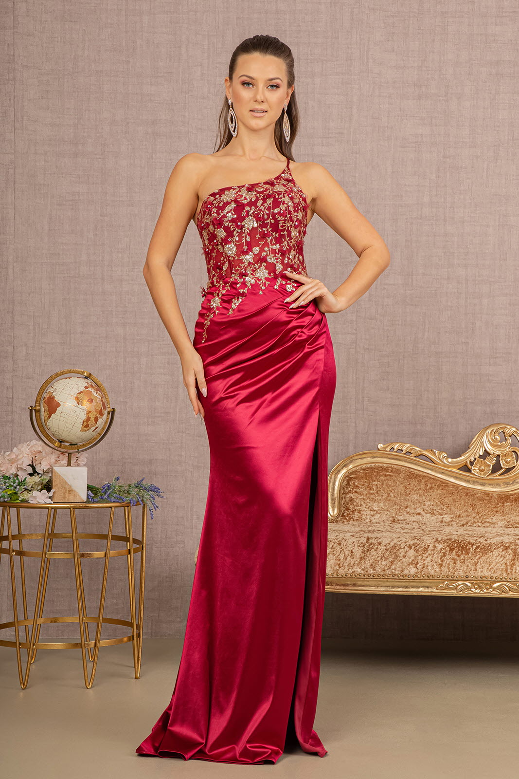Strapless Sheer Bodice Glitter Satin Mermaid Dress W Ruched Back