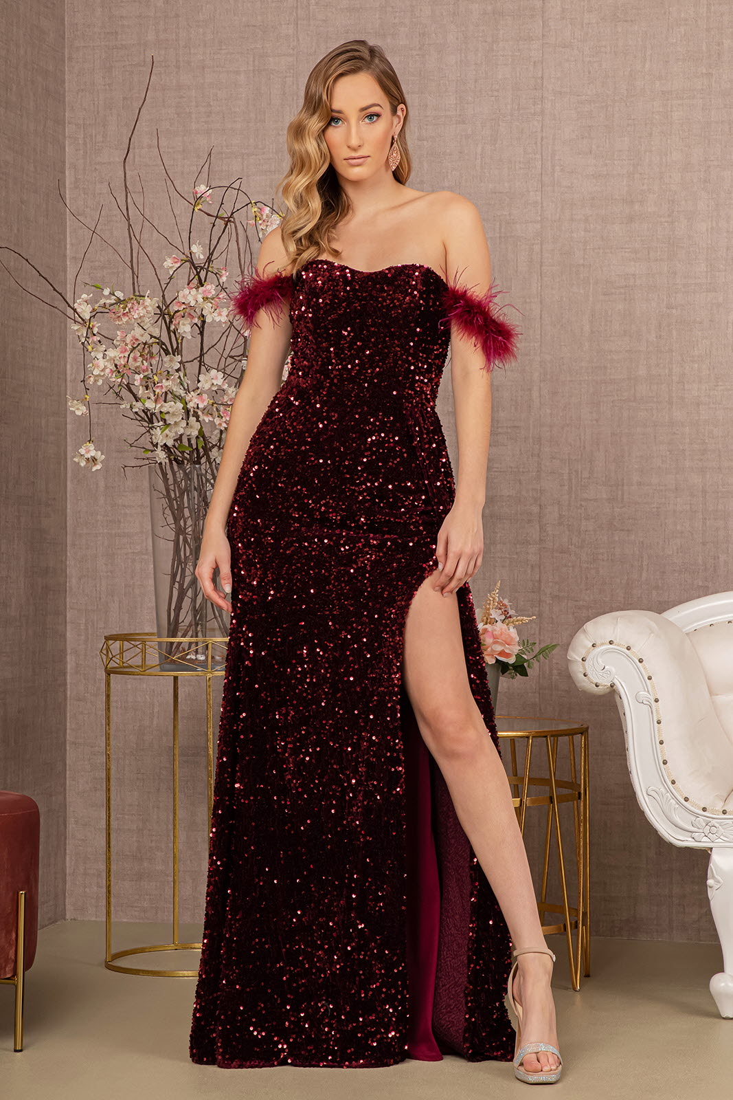 Feather Sequin Velvet Mermaid Dress W Velvet Side Waist Layer