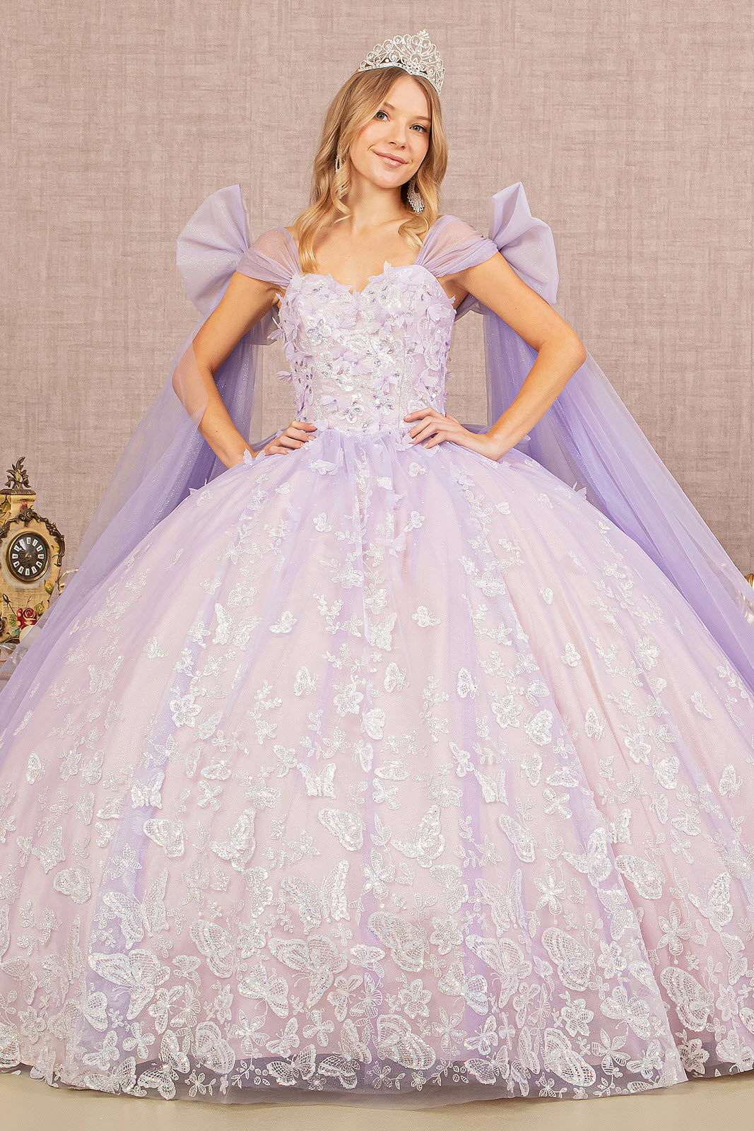 Jewel Glitter Quinceanera Gown W Long Mesh Layer And Ribbons