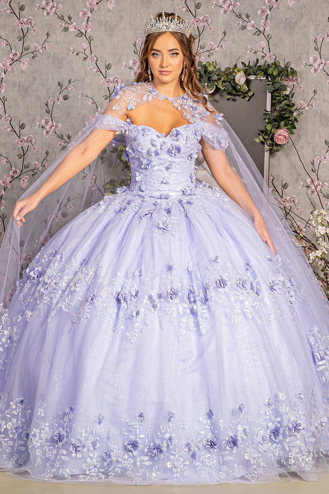 Glitter 3 D Flower Applique Mesh Quinceanera Gown W Long Mesh Cape