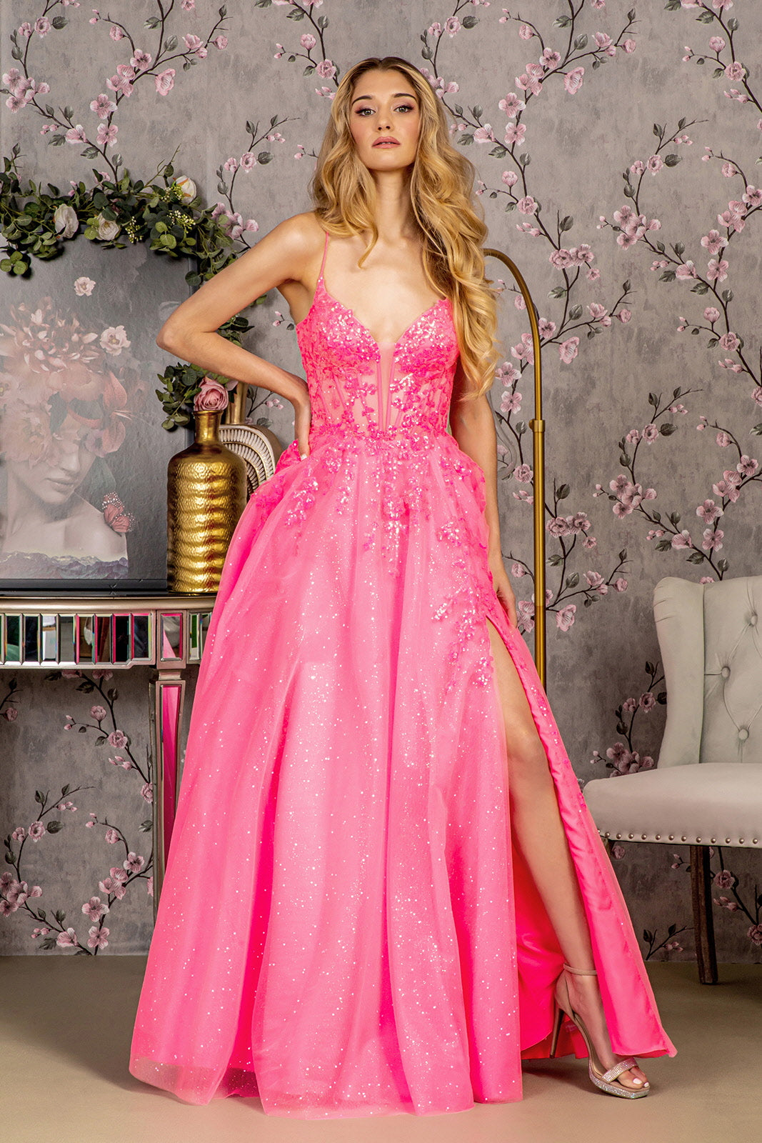 Glitter Illusion Sweetheart Sheer Bodice Mesh A Line Long Dress