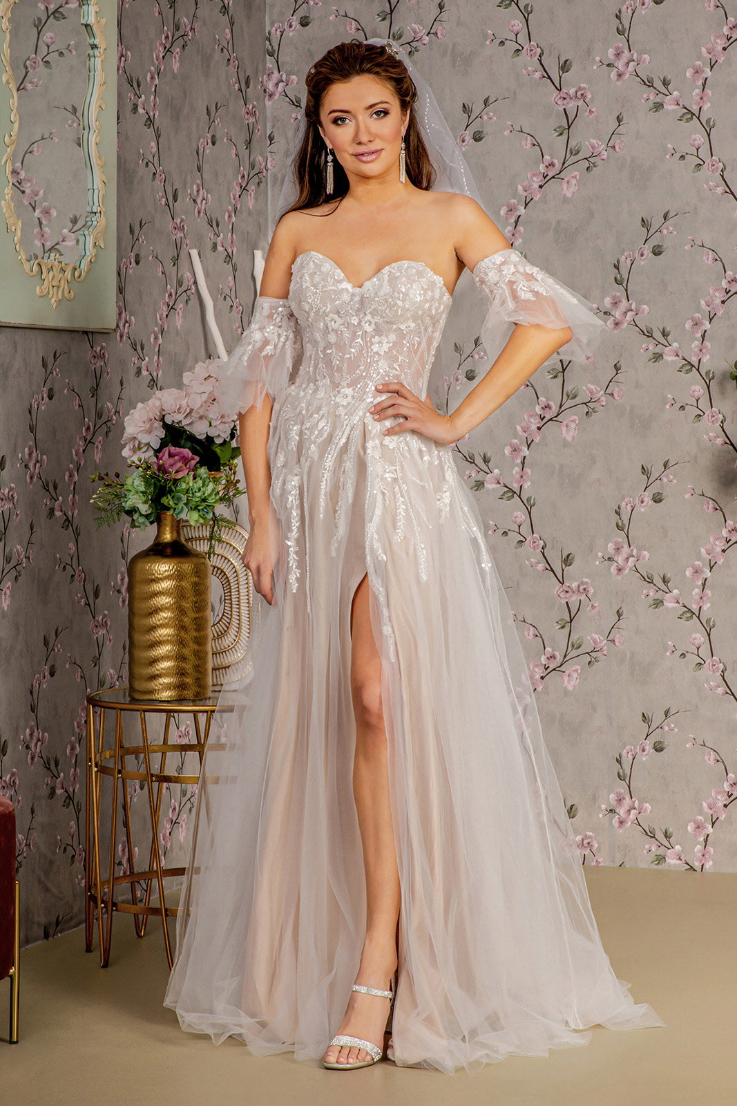 Sheer Bodice Mesh A Line Wedding Gown W Detachable Short Sleeves