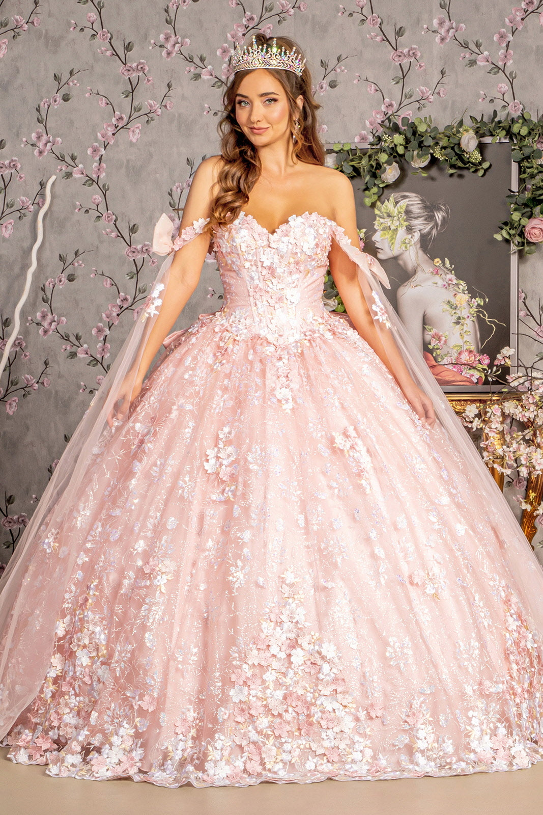 Detachable Ribbons Jewel Mesh Ball Gown W Side Mesh Long Drapes