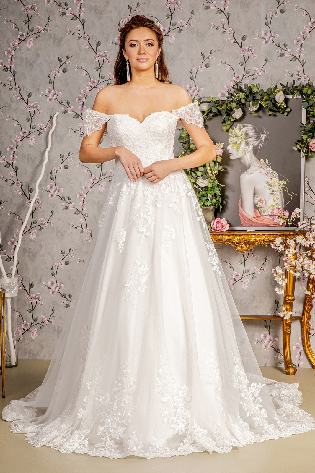 Jewel Embroidery Off Shoulder Mesh A Line Wedding Gown