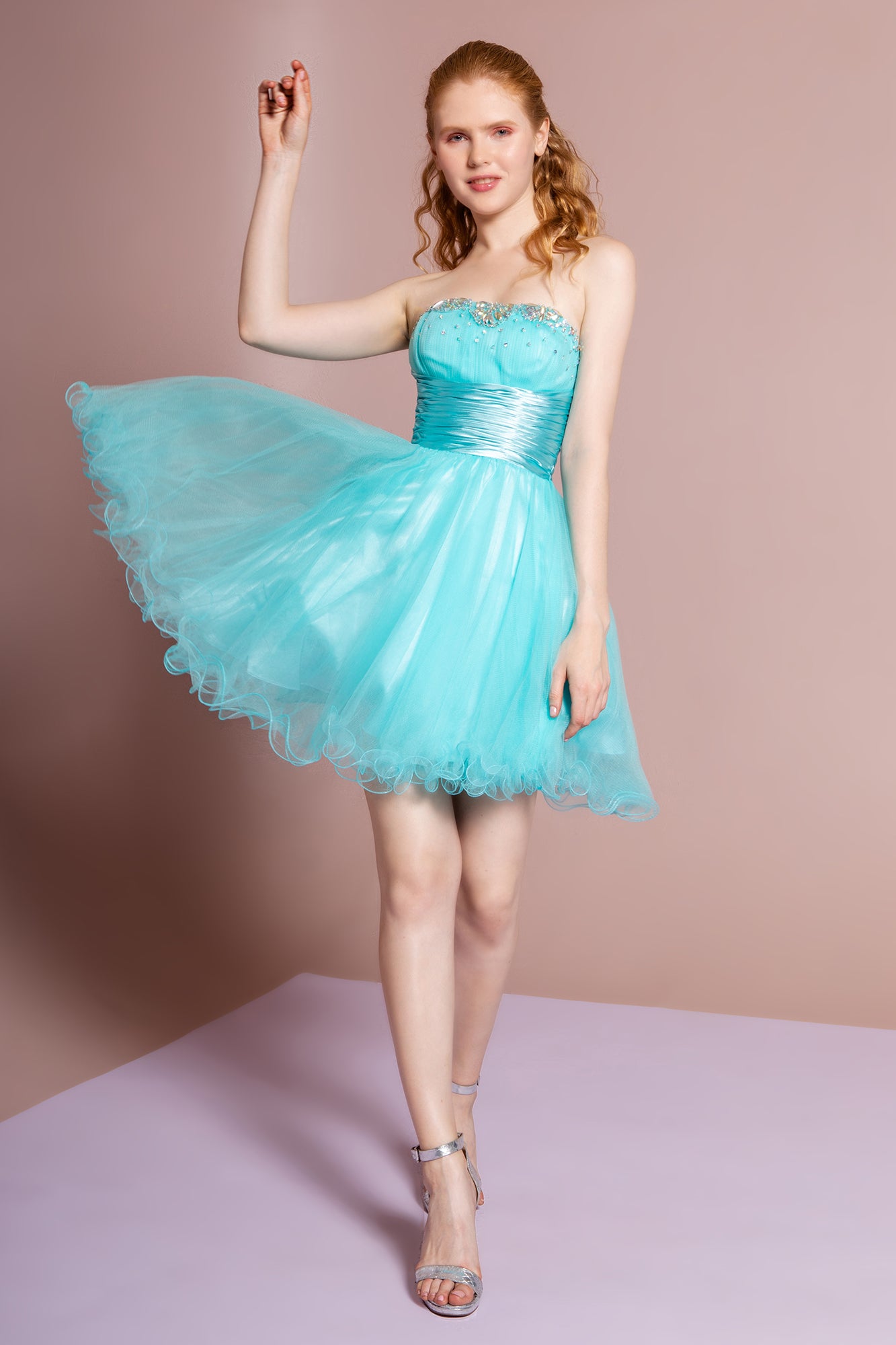 Coral Gold Lilac Lime Mint Silver White Strapless Sweetheart Beaded Tulle Short Dress With Pleated Satin Waistband