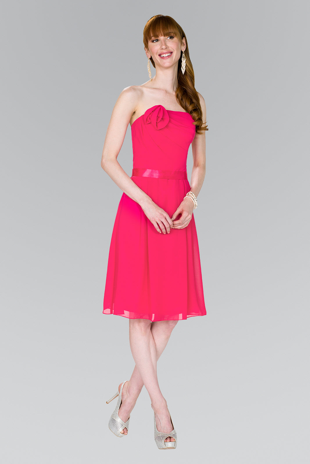 Blue Dusty Rose Fuchsia Orange Silver Strapless Chiffon Short Dress With Floral Accent And Satin Waistband
