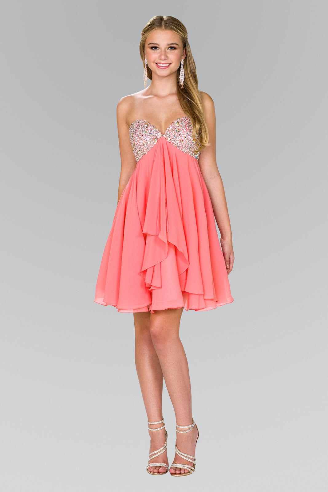 Aqua Coral Silver Strapless Chiffon Short Dress With Jewel Detailing