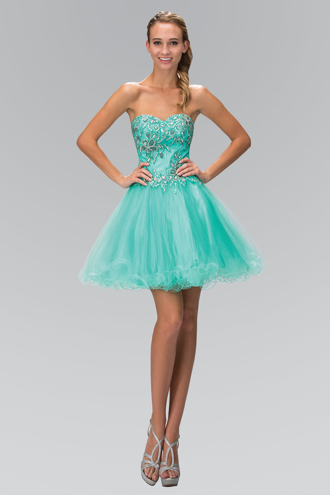 Coral Tiffany Strapless Sweetheart Tulle Short Dress With Jewel Embellished Bodice