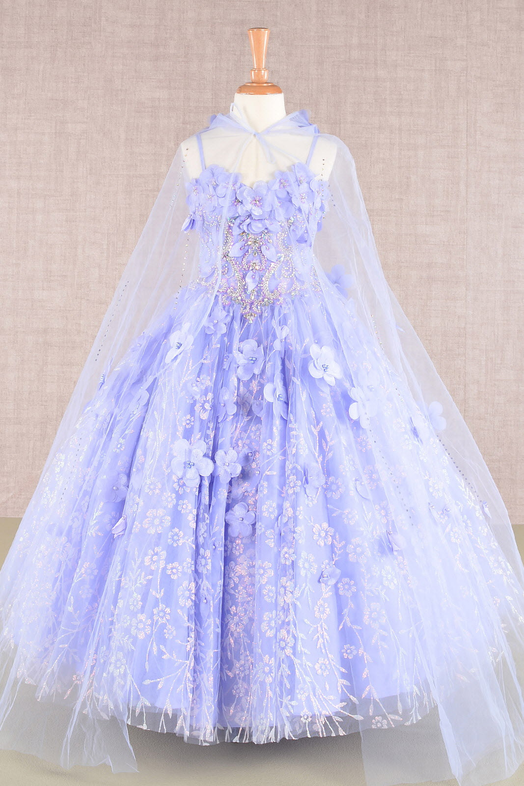Kids Dress Flower and Jewel With Mesh Cloak