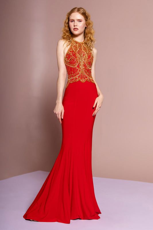 Red Royal Blue Halterneck Jersey Long Dress With Beaded Bodice
