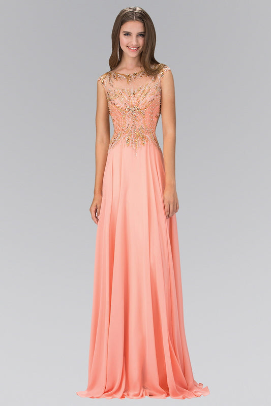 Coral Floor Length Dress With Sheer Back And Bead Embellished Bodice