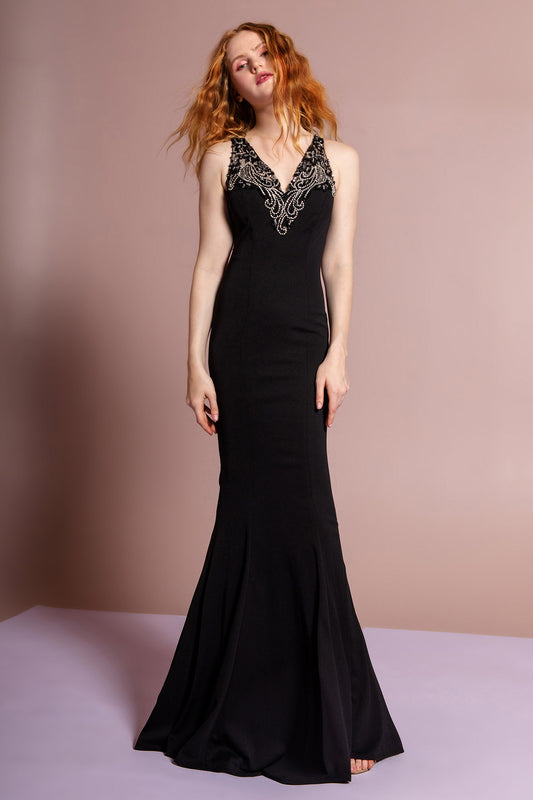 Black Red Royal Blue Floor Length Rome Jersey Dress With Jewel Emblished Neckline