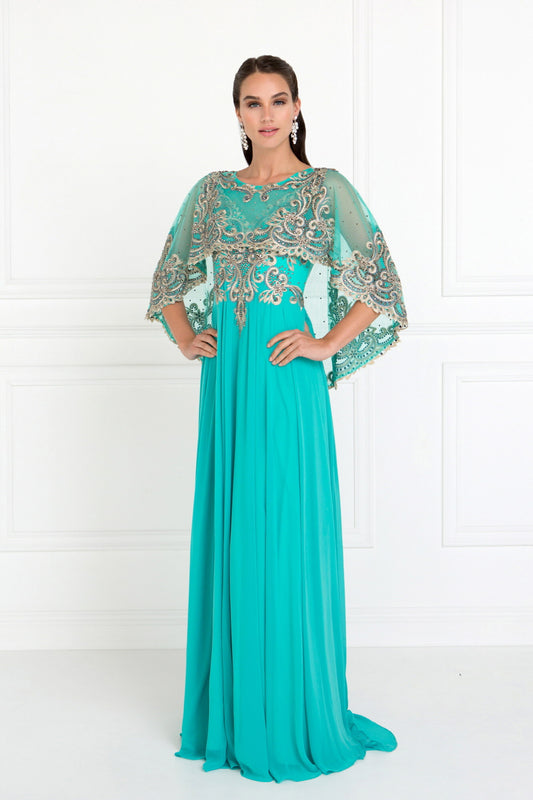 Burgundy Green Chiffon A Line Long Dress With Embroidered Cape Sleeves