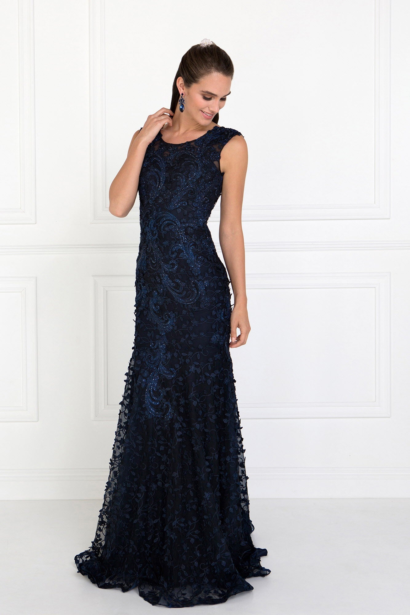 Burgundy Navy Tulle Mermaid Long Dress With Lace Applique