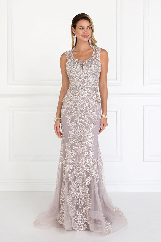 Mauve Mesh Mermaid Long Dress With Embroidery And Jewels Embellished