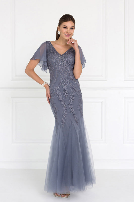 Navy Silver Eggplant Tulle V Neck Trumpet Long Dress With Short Sleeves