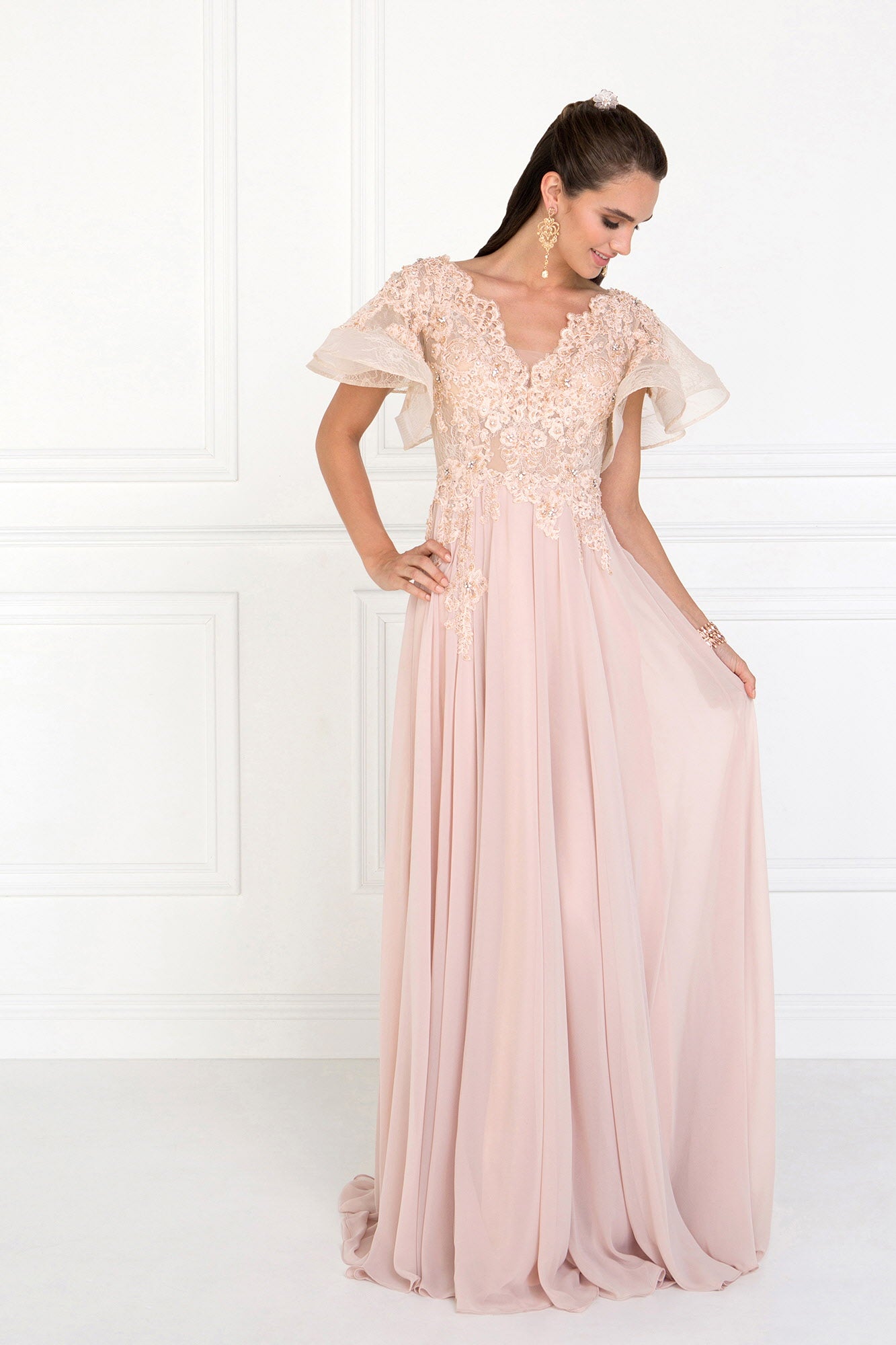 Champagne Chiffon Wide V Neck A Line Long Dress With Ruffled Short Sleeves