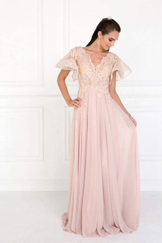 Champagne Chiffon Wide V Neck A Line Long Dress With Ruffled Short Sleeves