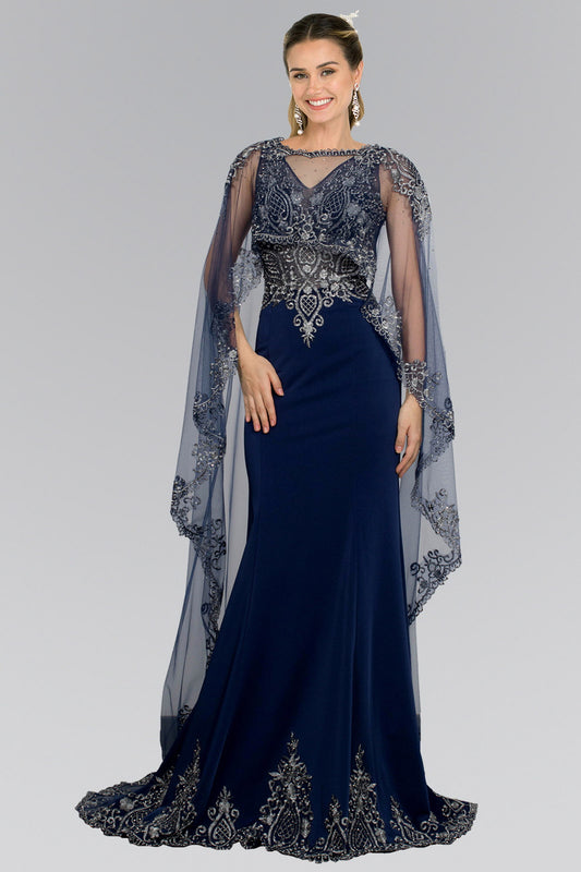 Champagne Navy Satin V Neck Long Dress With Cape