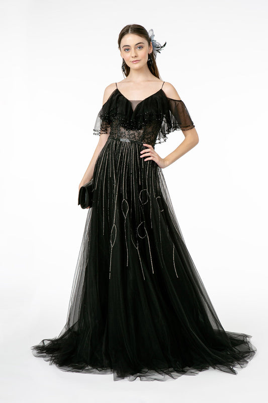 Black Illusion V Neck Mesh Layered Top Mesh A Line Dress