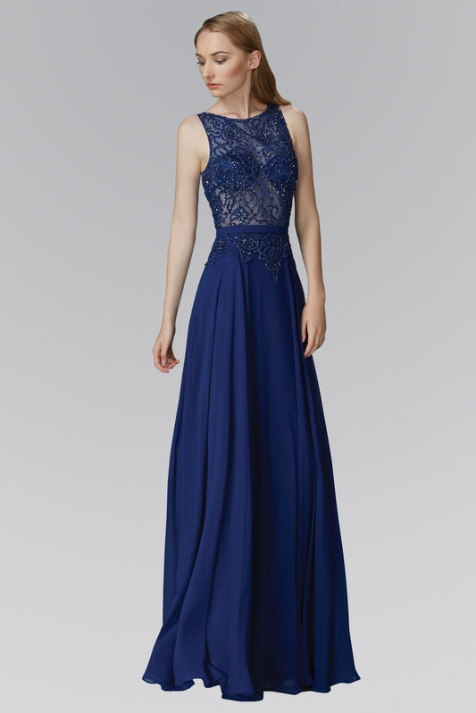 Aqua Navy Floor Length Chiffon Long Dress With Bead Embellished Sheer Bodice