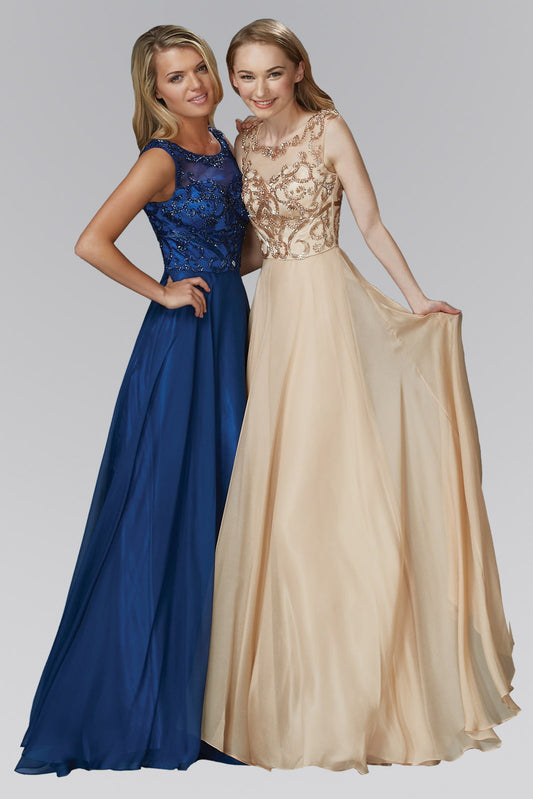 Navy Nude Chiffon Long Dress With Beaded Bodice