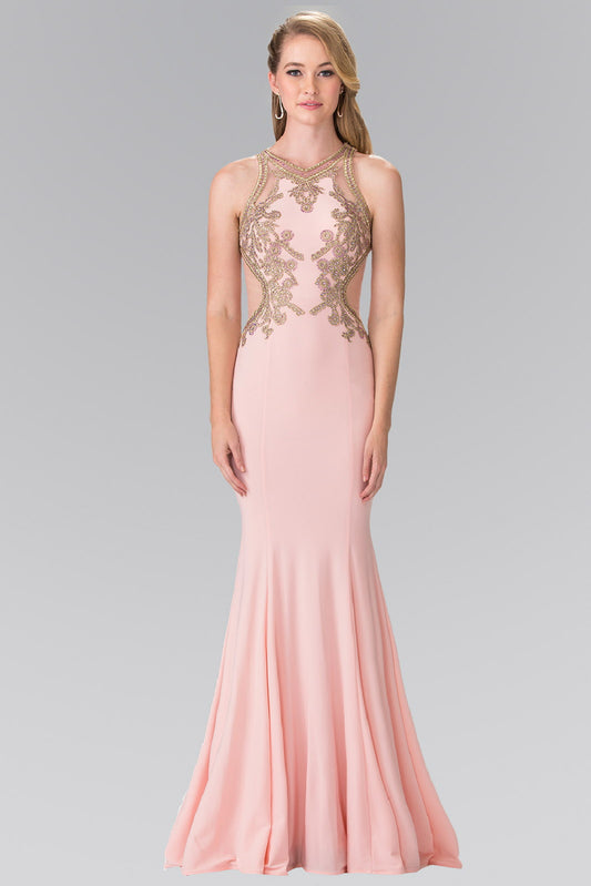Tiffany Coral Beading And Embroidery Jersey Long Dress With Sheer Back