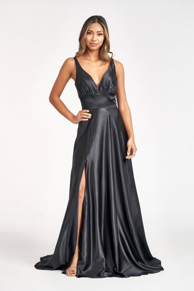 V Neck Wide Waistband A Line Satin Long Dress W Slit