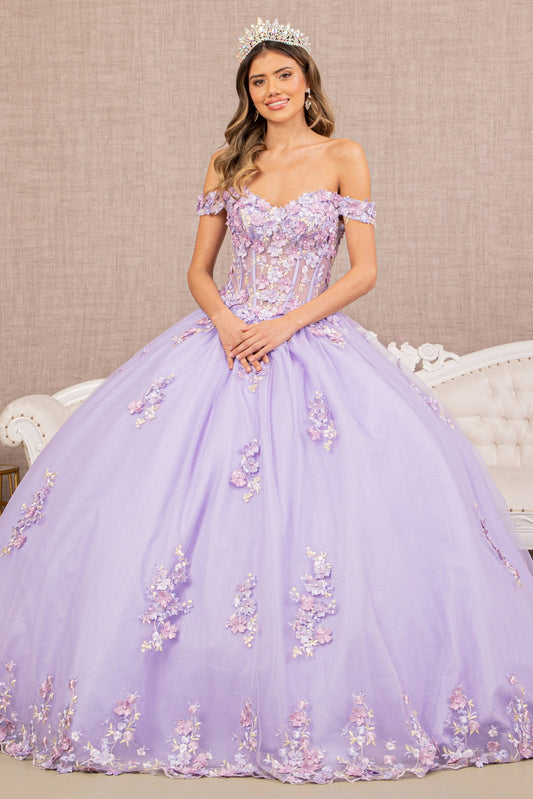 3 D Flower Applique Jewel Mesh Quinceanera Gown W Long Tail