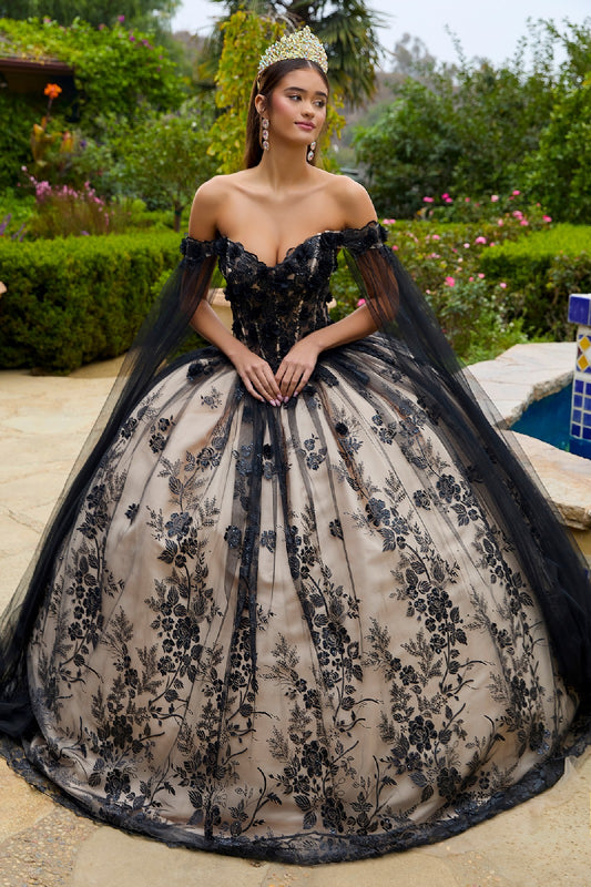 3 D Floral Applique Glitter Pattern Embellished Mesh Quinceanera Gown W Mesh Sleeves