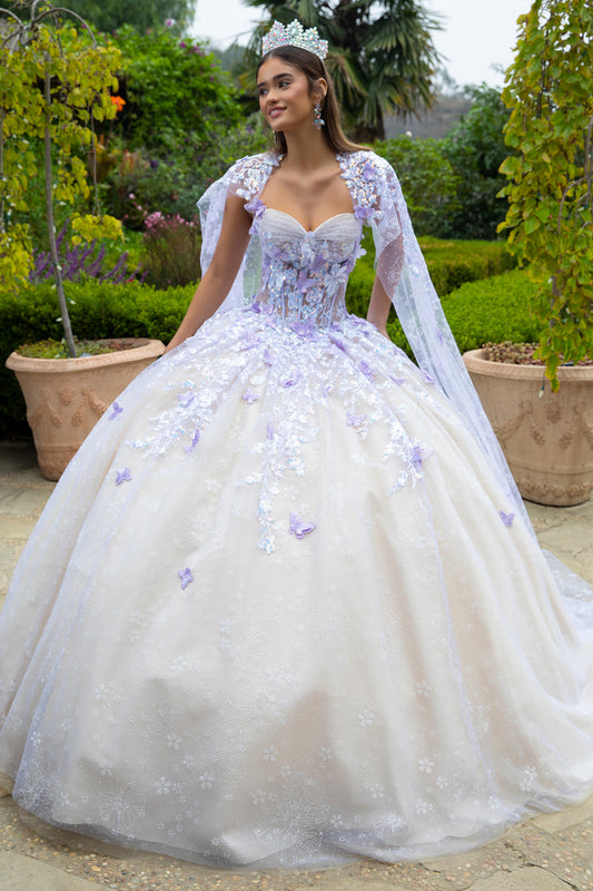 Floral Glitter Pattern 3 D Butterfly Applique Mesh Quinceanera Dress W Detachable Mesh Cape