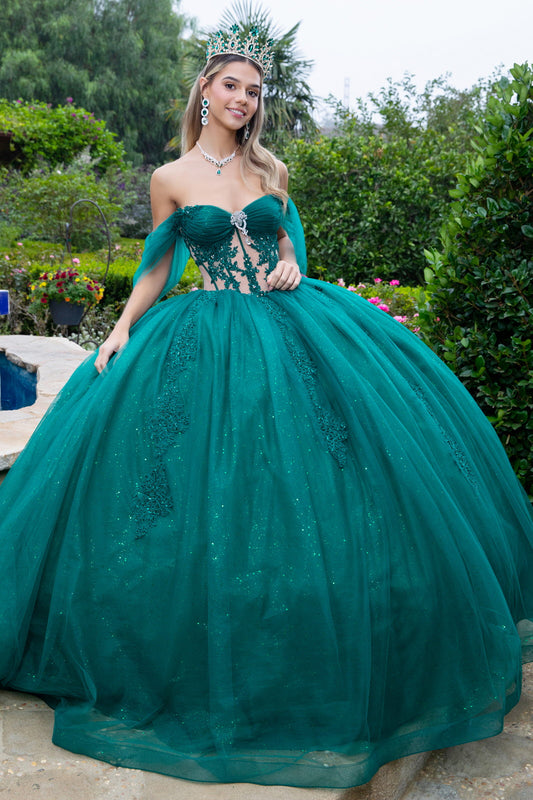 Sheer Bodice Lace Embellished Glittet Mesh Sweetheart Quinceanera Dress