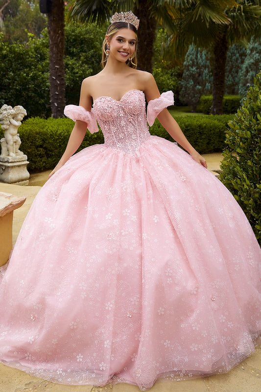 Beads Embellished Glitter Print Sweetheart Quinceanera Dress W Detachable Puff Sleeve