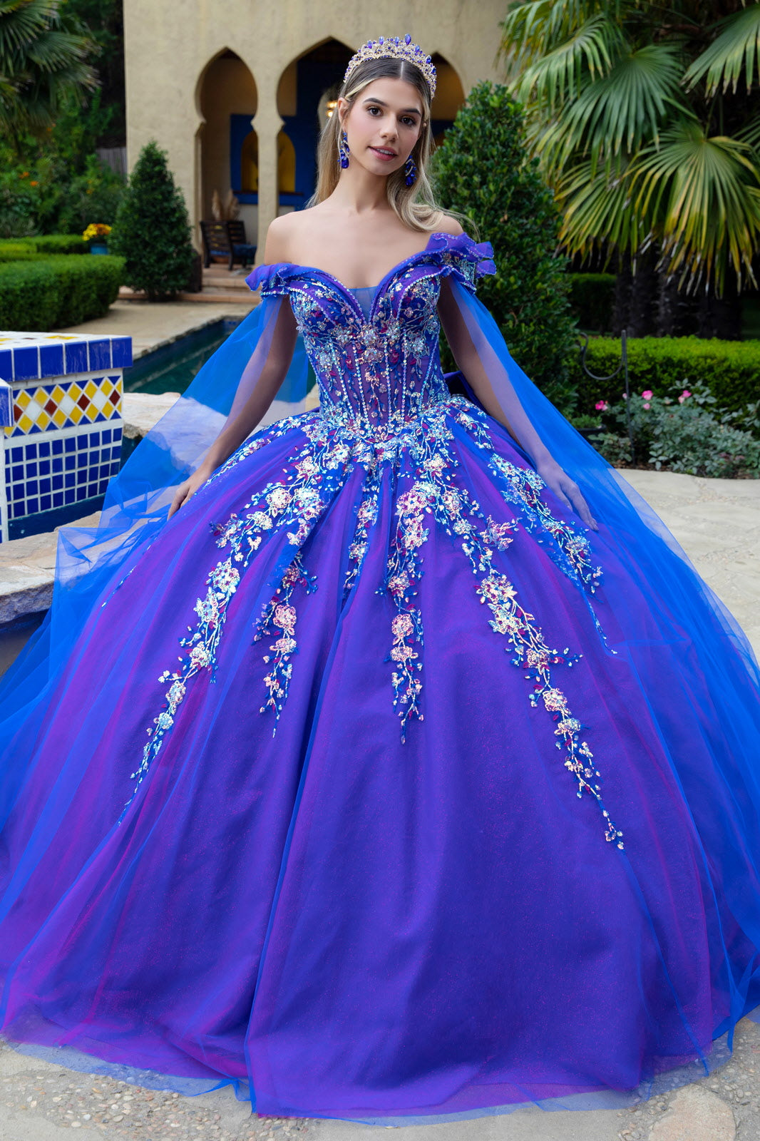 Sweetheart Neckline Sequin Pattern Glitter Mesh Quinceanera Dress W Detachable Bow
