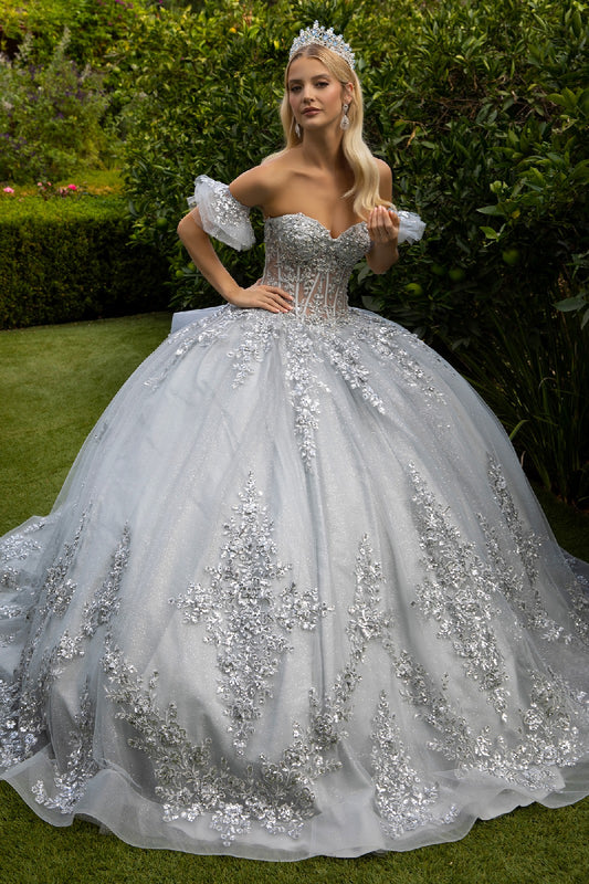 Embroidery Embellished Glitter Mesh Quinceanera Dress W Detachable Bow