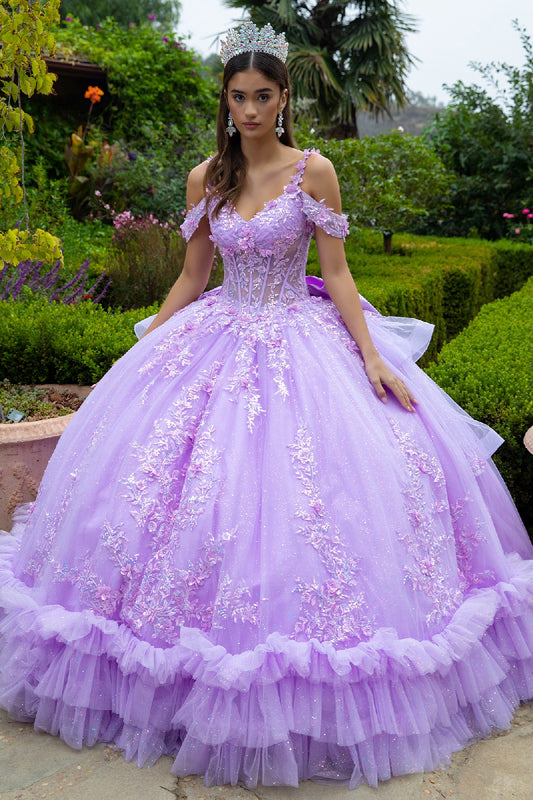3D Flower Applique Embellished Cold Shoulder Layered Back Tiered Ruffle Hem W Detachable Back Bow