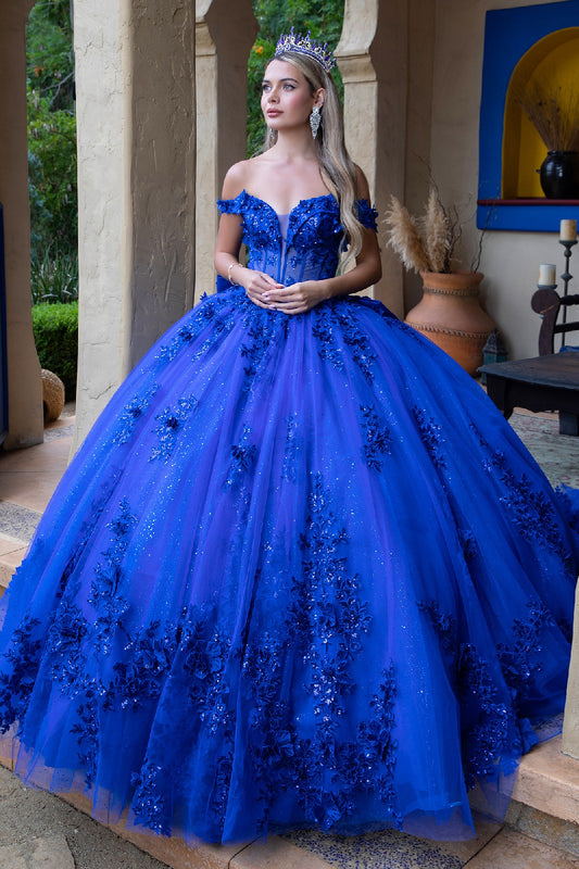 3D Flower Applique Embellished Off Shoulder Corset Glitter Underlayer Dress With Detachable Back Bow