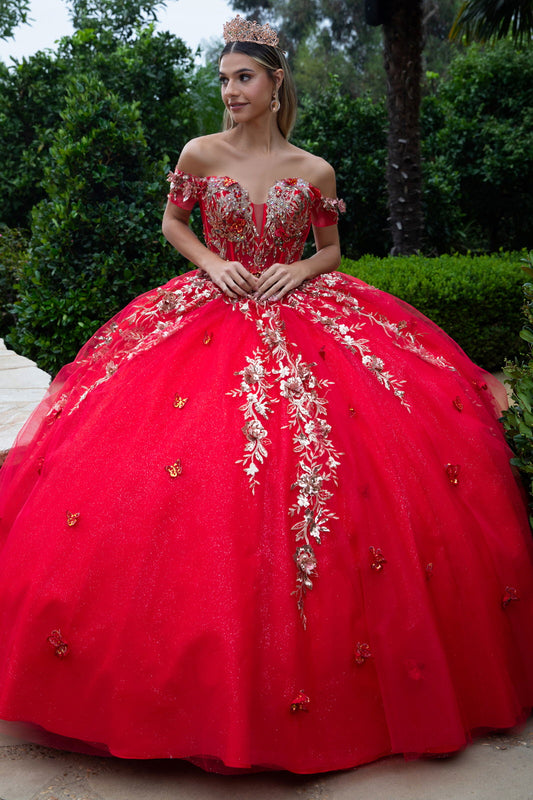 Sheer Bodice Floral Embroidery Embellished Glitter Mesh Quinceanera Dress