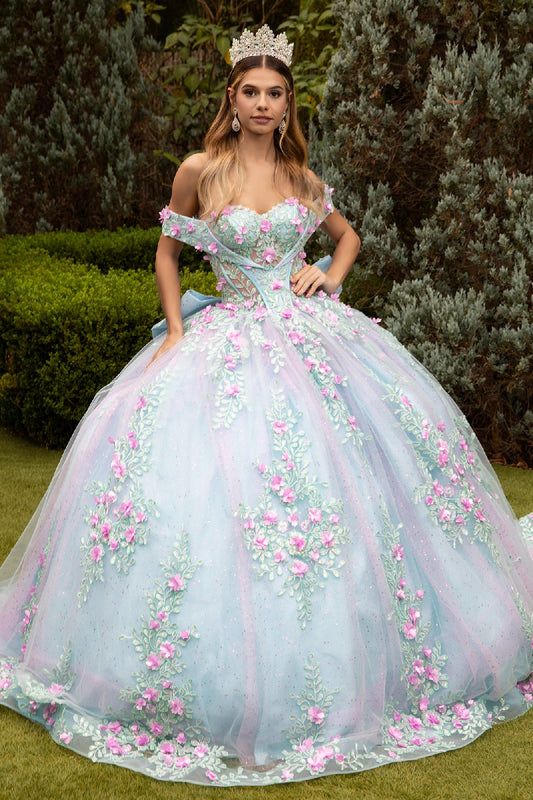 3D Flower Applique Embellished Deep V Neck Roll Off Shoulder Strap Corset With Detachable Back Bow