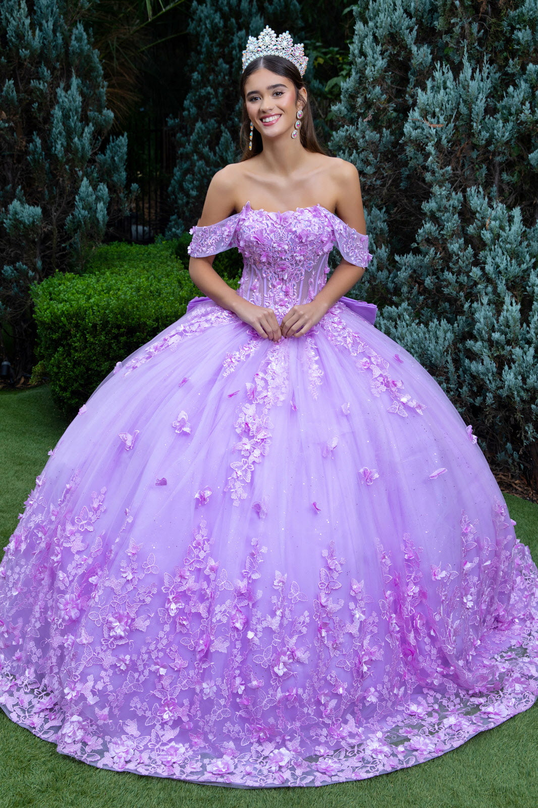 3D Butterfly Flower Applique Embellished Dress W Detachable Shoulder Strap Back Bow Train