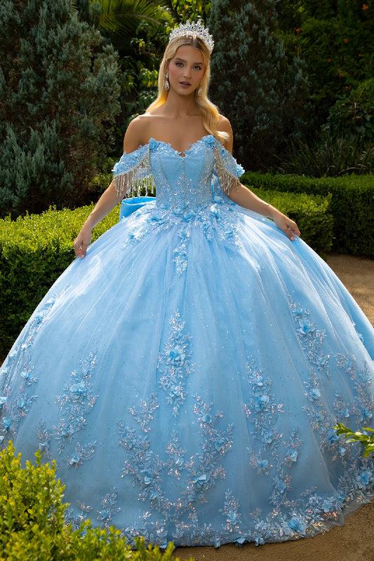 Chandelier Beading Accented Floral Embroidered Glitter Mesh Quinceanera Dress With Back Bows