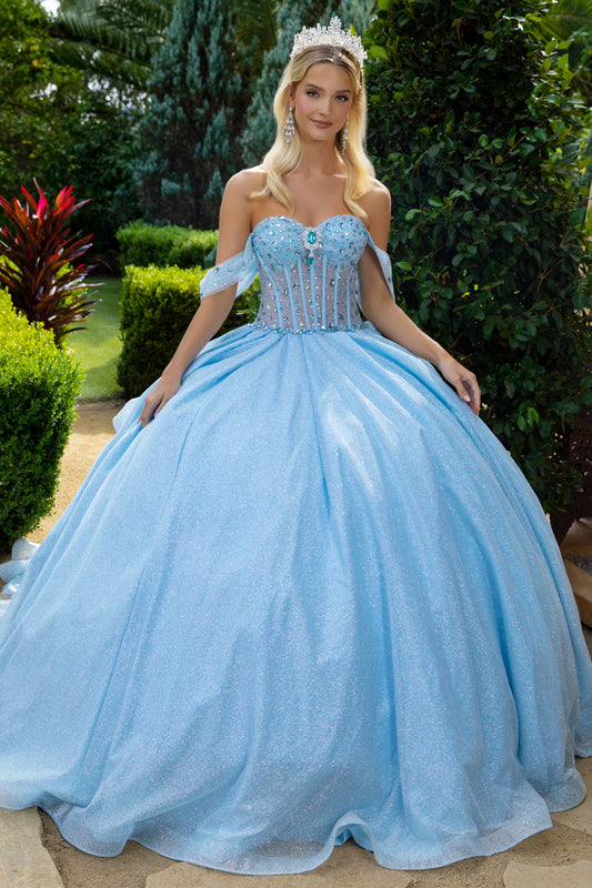 Off Shoulder Bejeweled Corset Back Ruffle Embellished Glitter Netting Dress With Detachable Back Bow