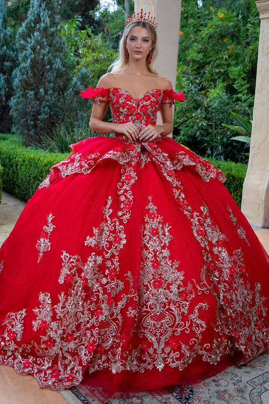 3D Flower Accented Metallic Embroidery Glitter Mesh Quinceanera Dress