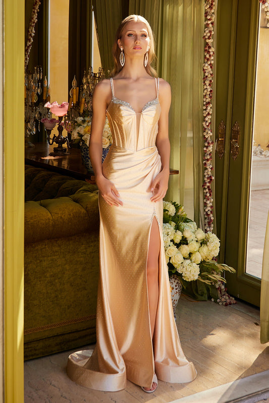 Embellished Double Spaghetti Strap Lace Up Corset Jewel Accent Stiff Hem Ruch Detail Dress With Slit