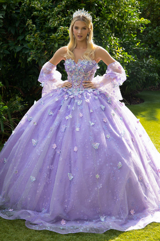 3D Butterfly Flower Applique Embellished Glitter Flower Mesh Train Dress With Detached Puff Sleeve