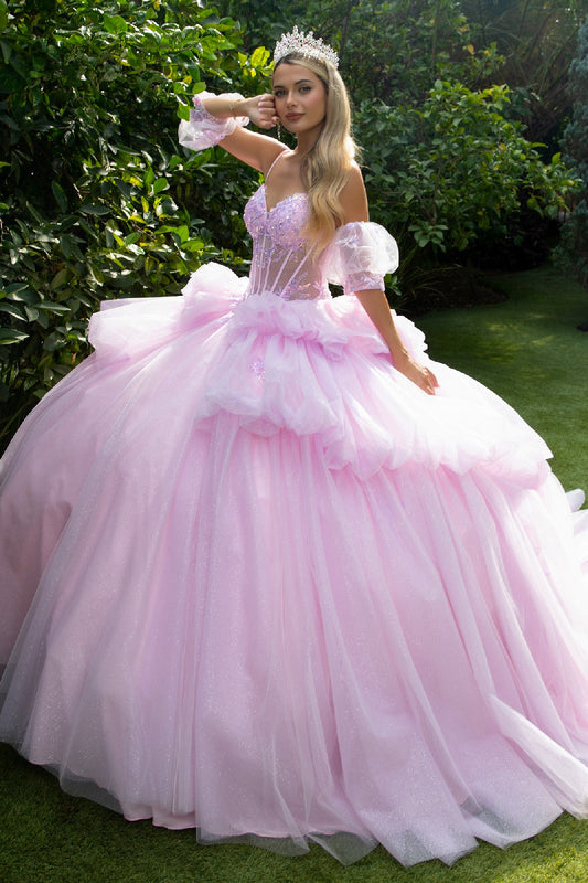 Embellished Corset Bubble Hem Layer Train Dress With Glitter Underlayer Detachable Back Bow