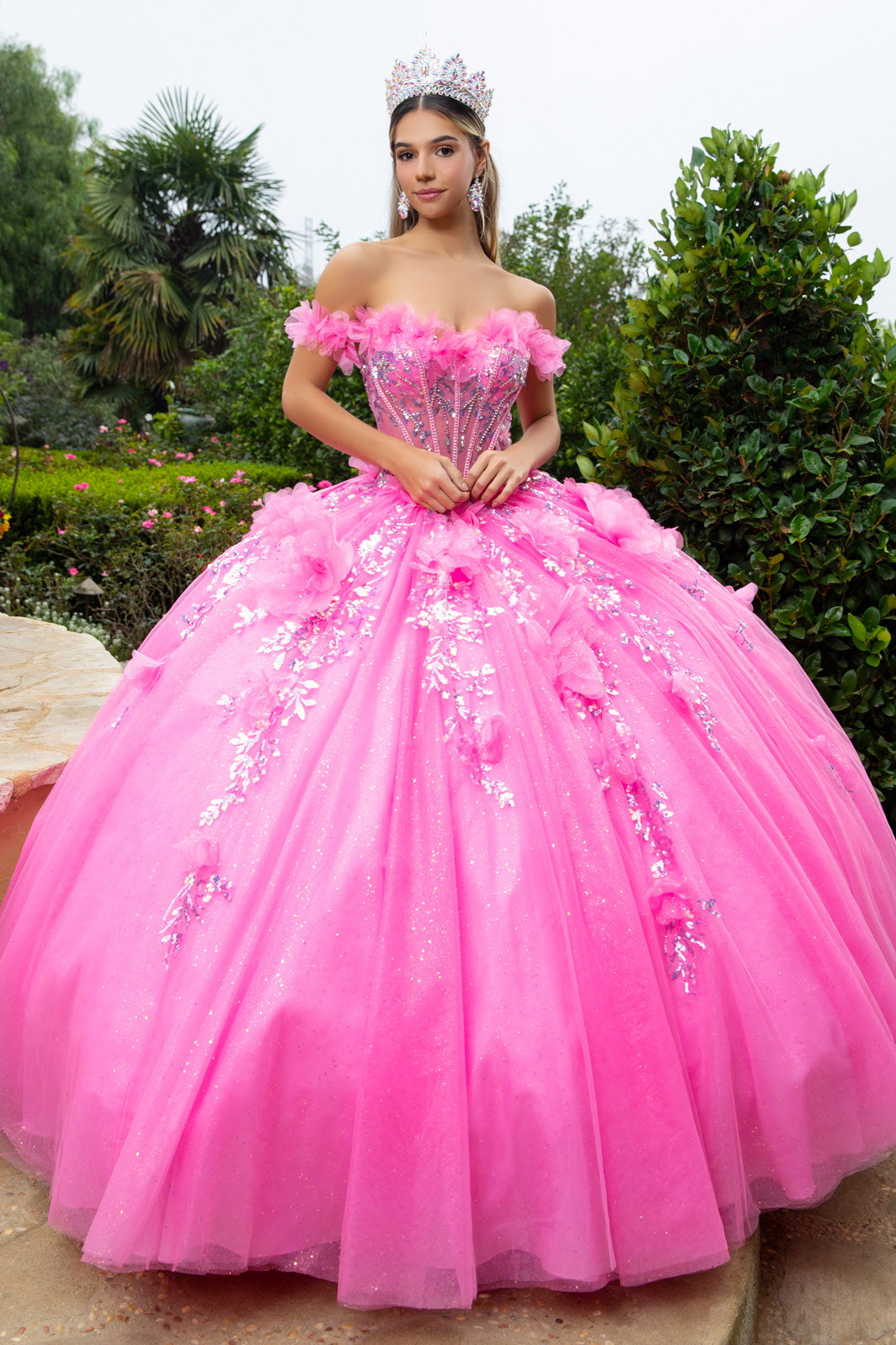 3D Flower Applique Sequin Embellished Bejeweled Corset With Detachable Back Bow Train